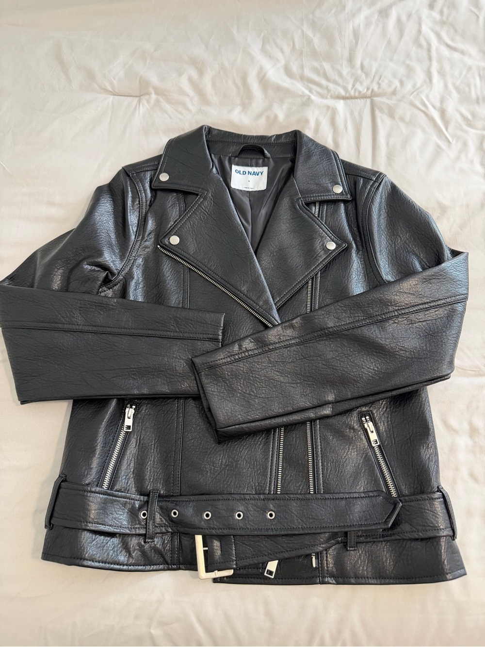 Old Navy Black Faux Leather Biker Jacket with Belt